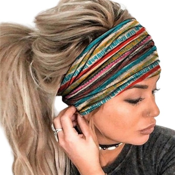 Boheme Accessories - Stripes Gypsy Headband Super Wide Boho Hair Accessories Sporty Yoga Multi